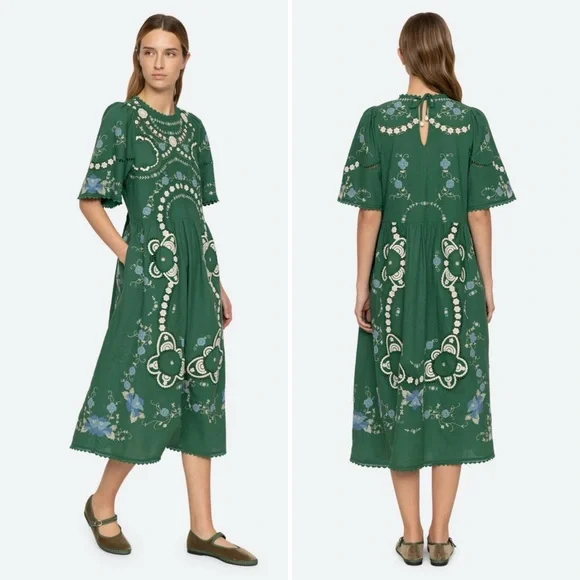 SEA New York Vesna Embroidered Midi Dress Green Floral Cotton Linen Size Small - Picture 4 of 16